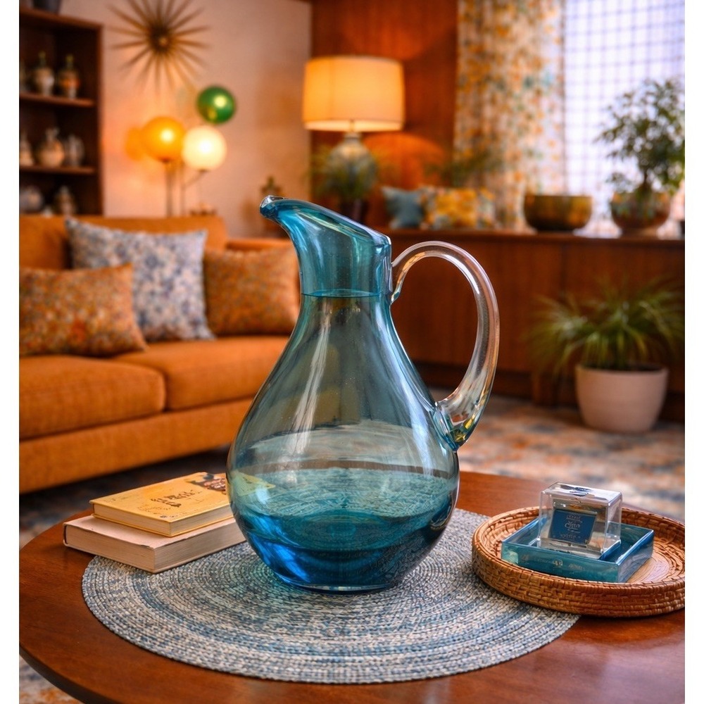 Vintage Le Smith Peacock Teal Art Glass Pitcher 8"Pulled Spout MCM Hand Blown